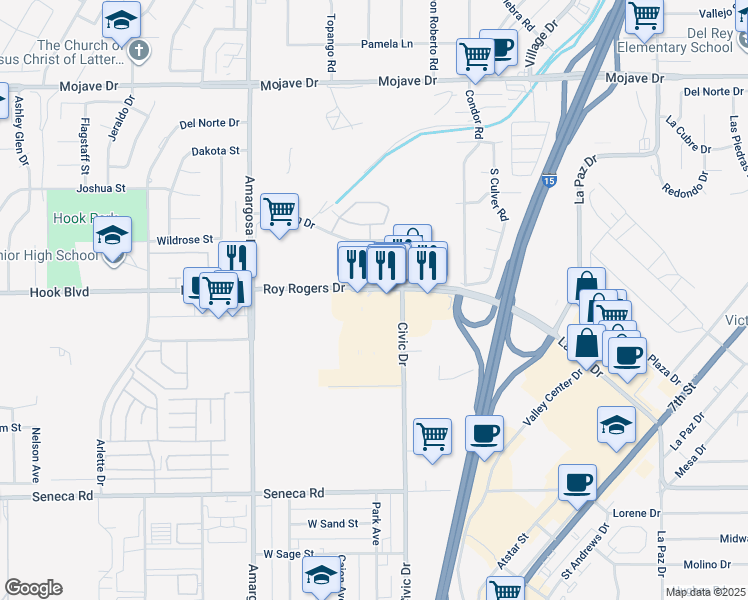 map of restaurants, bars, coffee shops, grocery stores, and more near 15667 Roy Rogers Drive in Victorville