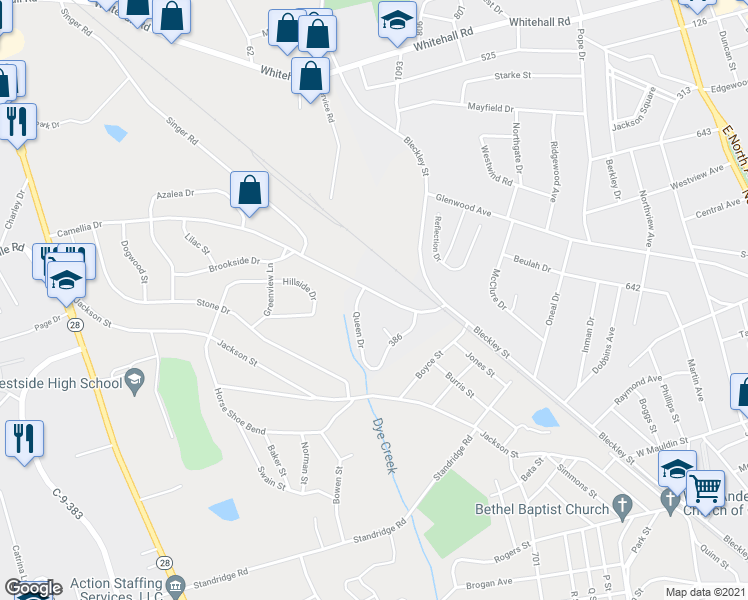 map of restaurants, bars, coffee shops, grocery stores, and more near 123 Camellia Drive in Anderson