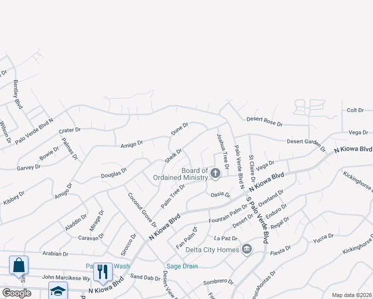 map of restaurants, bars, coffee shops, grocery stores, and more near 1120-1198 Feather Palm Drive in Lake Havasu City