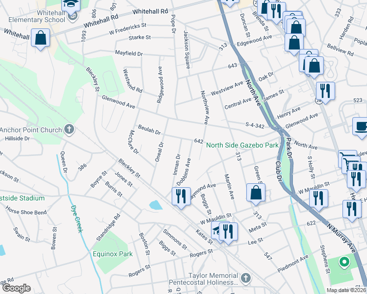 map of restaurants, bars, coffee shops, grocery stores, and more near 1938 Inman Drive in Anderson