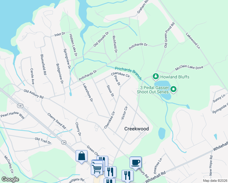 map of restaurants, bars, coffee shops, grocery stores, and more near 1203 Cherokee Circle in Anderson