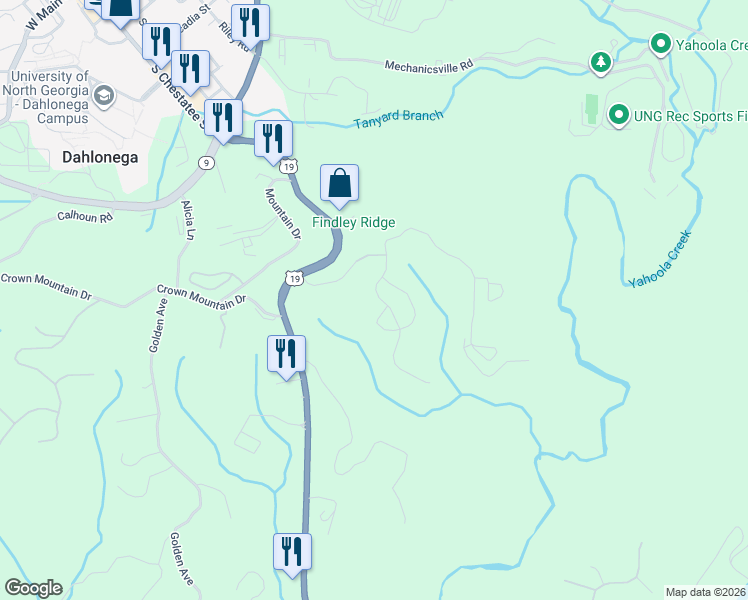 map of restaurants, bars, coffee shops, grocery stores, and more near 106 Stoneybrook Drive in Dahlonega