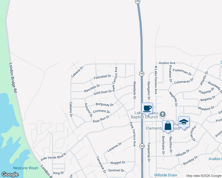map of restaurants, bars, coffee shops, grocery stores, and more near 1701 Park Terrace Avenue in Lake Havasu City