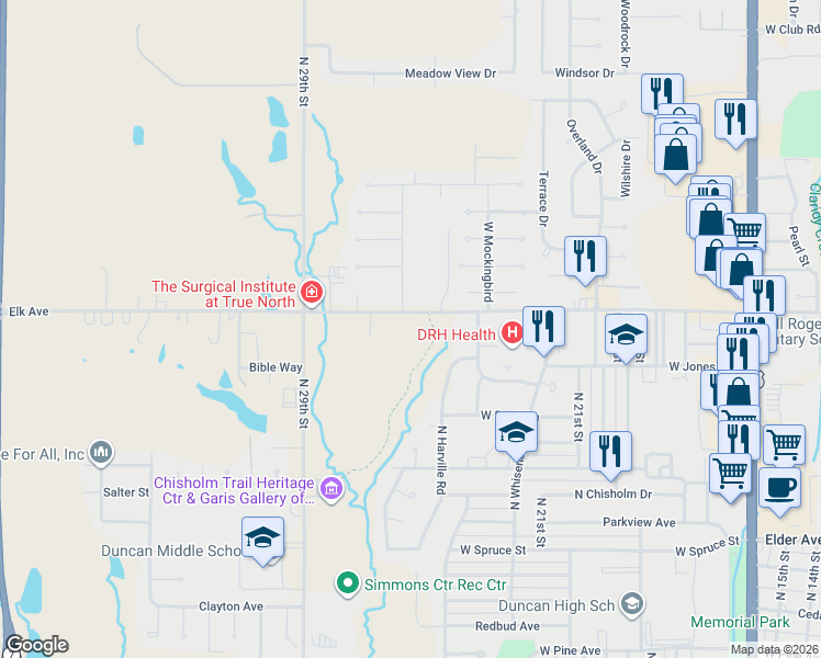 map of restaurants, bars, coffee shops, grocery stores, and more near 2502 West Elk Avenue in Duncan
