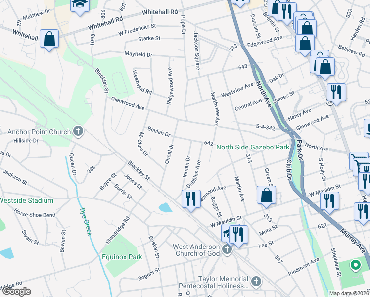 map of restaurants, bars, coffee shops, grocery stores, and more near 1938 Inman Drive in Anderson