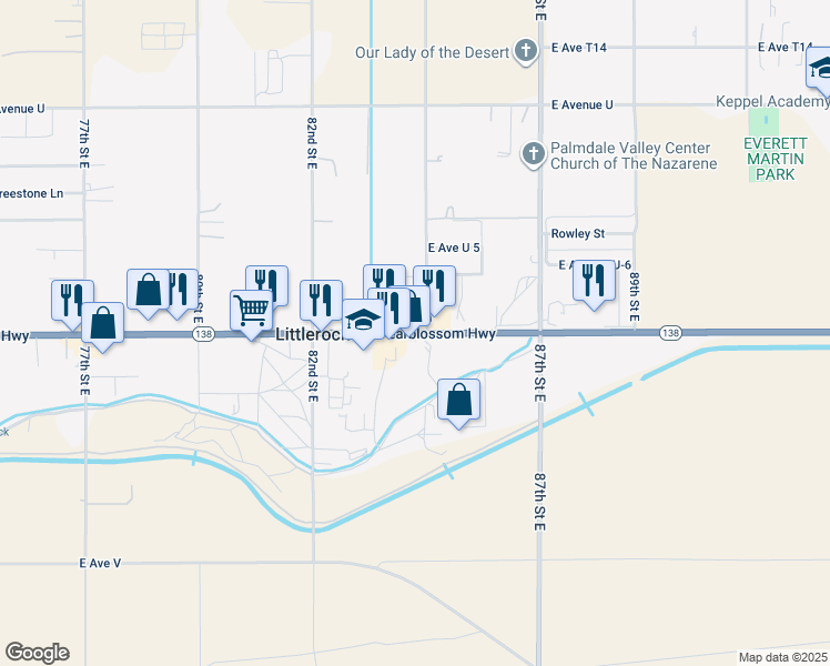 map of restaurants, bars, coffee shops, grocery stores, and more near Pearblossom Highway in Littlerock