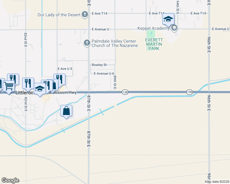 map of restaurants, bars, coffee shops, grocery stores, and more near 35213 89th Street East in Littlerock