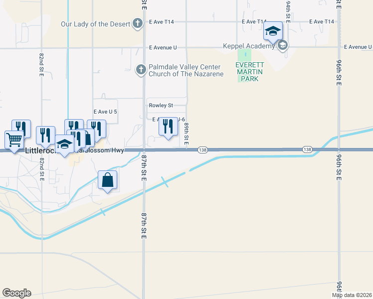 map of restaurants, bars, coffee shops, grocery stores, and more near 89th Street East in Littlerock
