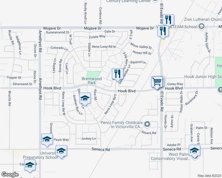 map of restaurants, bars, coffee shops, grocery stores, and more near 14165 Gray Lane in Victorville