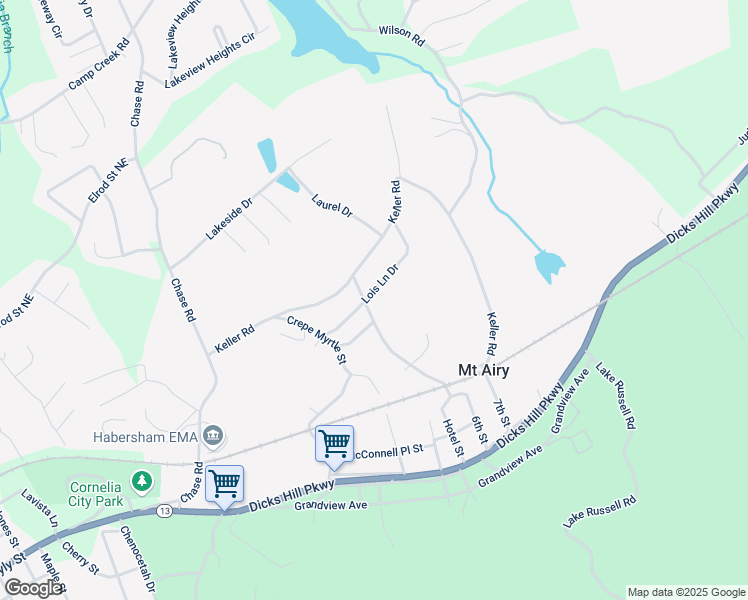 map of restaurants, bars, coffee shops, grocery stores, and more near 248 Lois Lane Drive in Mount Airy