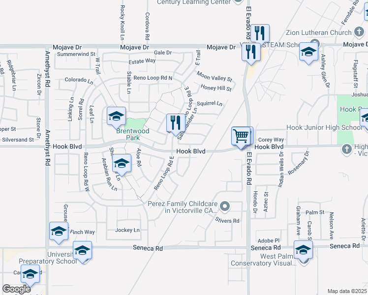 map of restaurants, bars, coffee shops, grocery stores, and more near 14247 Tortoise Place in Victorville