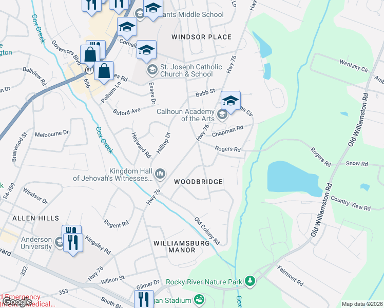map of restaurants, bars, coffee shops, grocery stores, and more near 1421 76 in Anderson