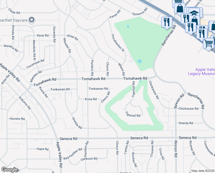map of restaurants, bars, coffee shops, grocery stores, and more near 19644 Tonkawan Road in Apple Valley