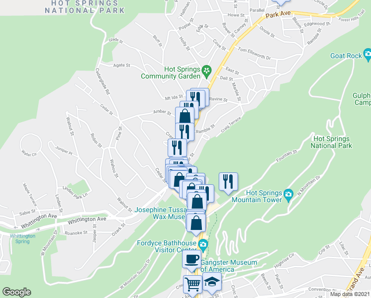 map of restaurants, bars, coffee shops, grocery stores, and more near 250 Park Avenue in Hot Springs