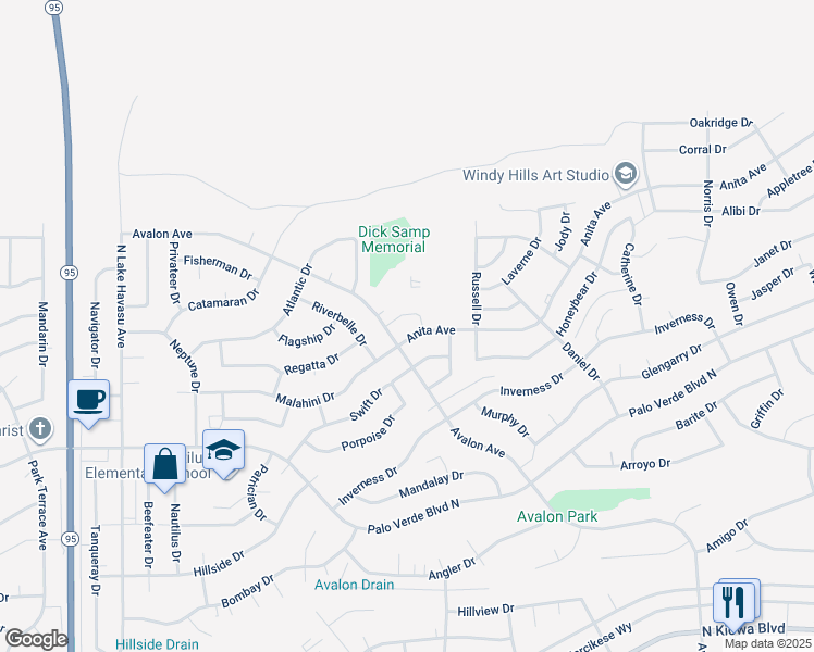 map of restaurants, bars, coffee shops, grocery stores, and more near 2453 Anita Avenue in Lake Havasu City