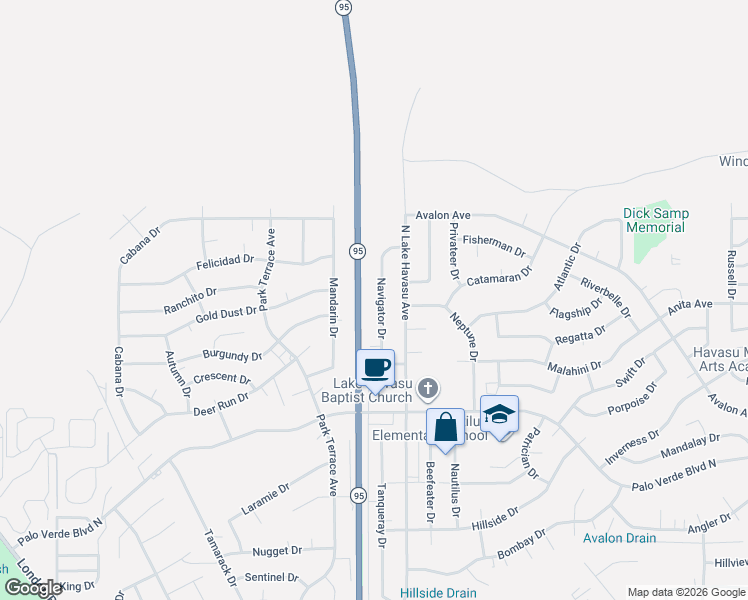 map of restaurants, bars, coffee shops, grocery stores, and more near State Highway 95 in Lake Havasu City