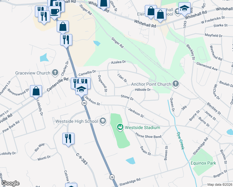 map of restaurants, bars, coffee shops, grocery stores, and more near 300 Azalea Drive in Anderson
