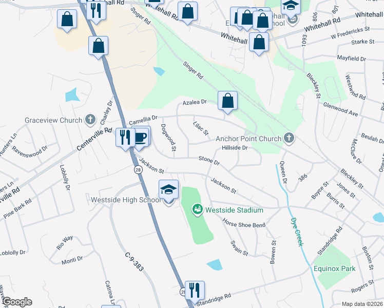 map of restaurants, bars, coffee shops, grocery stores, and more near 300 Azalea Drive in Anderson