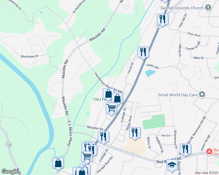 map of restaurants, bars, coffee shops, grocery stores, and more near 289 Henderson Bend Road Northwest in Calhoun