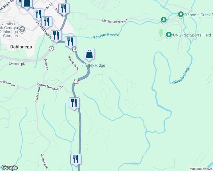 map of restaurants, bars, coffee shops, grocery stores, and more near 170 Aspen Court in Dahlonega