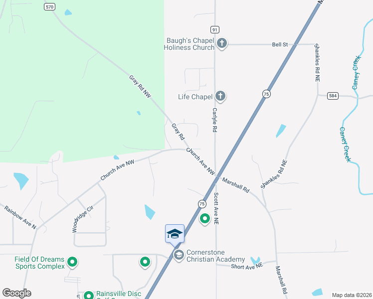 map of restaurants, bars, coffee shops, grocery stores, and more near 2392 Church Avenue Northwest in Rainsville