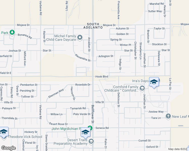 map of restaurants, bars, coffee shops, grocery stores, and more near 2 Bellflower Street in Adelanto