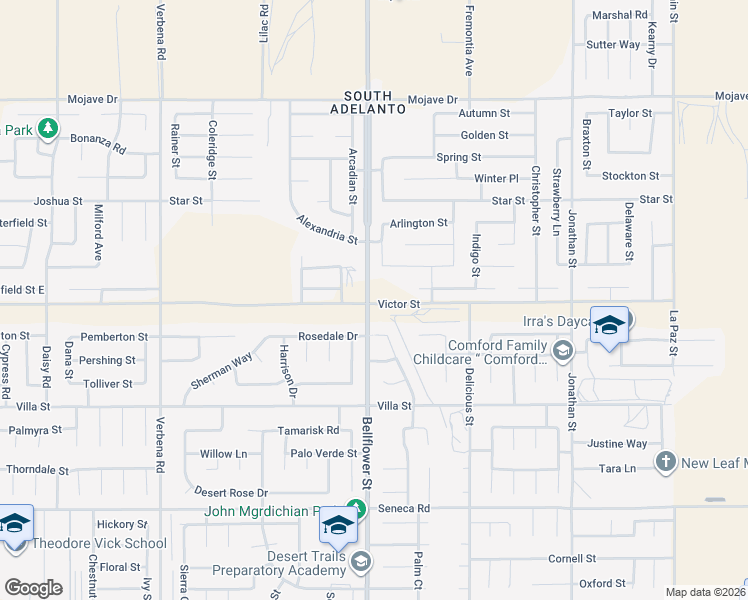 map of restaurants, bars, coffee shops, grocery stores, and more near 11334 Chantale Court in Adelanto