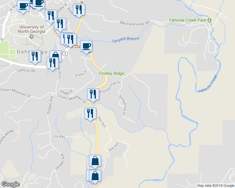map of restaurants, bars, coffee shops, grocery stores, and more near 100 Stoneybrook Drive in Dahlonega