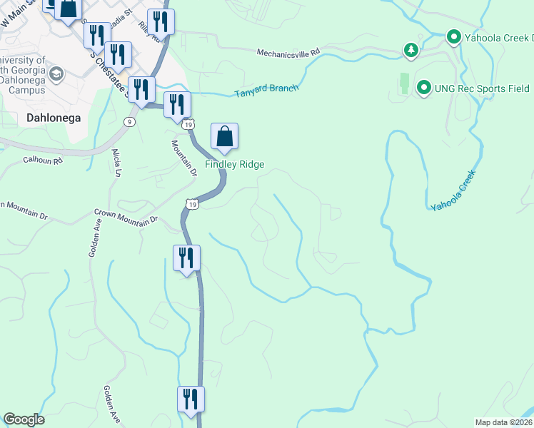 map of restaurants, bars, coffee shops, grocery stores, and more near 170 Aspen Court in Dahlonega