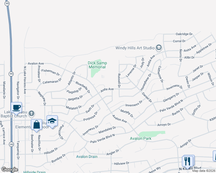 map of restaurants, bars, coffee shops, grocery stores, and more near 2480 Anita Avenue in Lake Havasu City