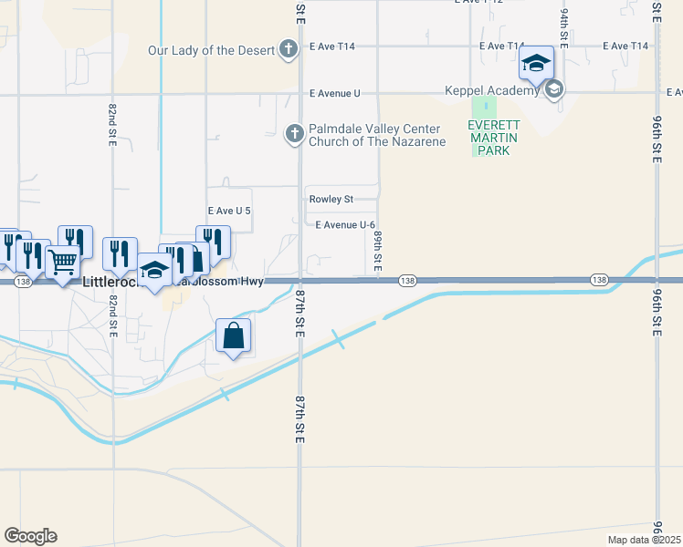 map of restaurants, bars, coffee shops, grocery stores, and more near 8317 Pearblossom Highway in Littlerock