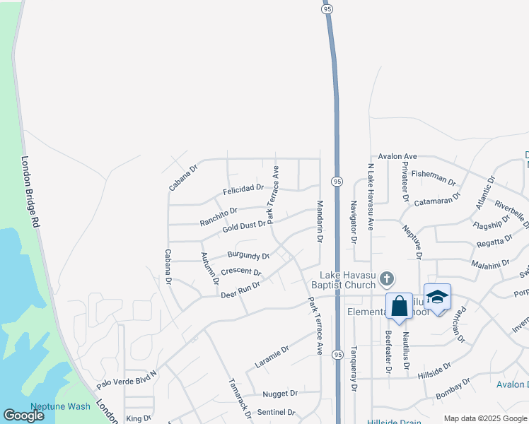 map of restaurants, bars, coffee shops, grocery stores, and more near 1701 Park Terrace Avenue in Lake Havasu City