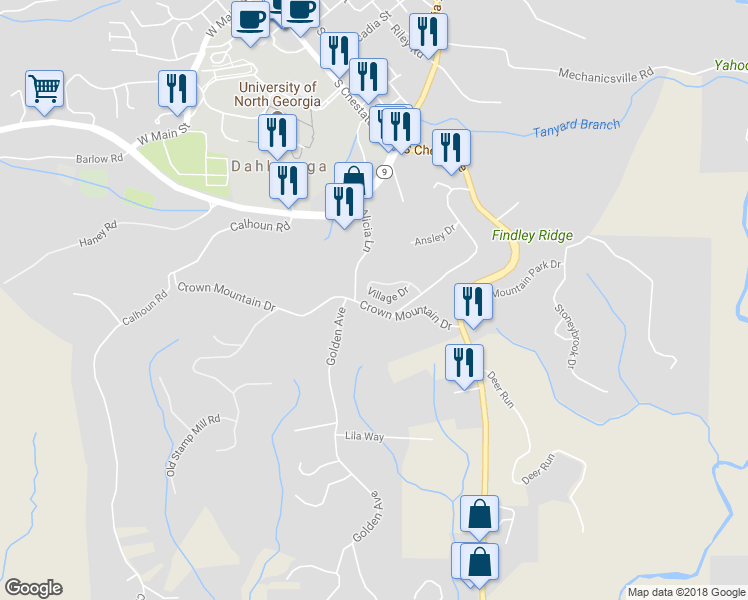map of restaurants, bars, coffee shops, grocery stores, and more near 180 Village Drive in Dahlonega