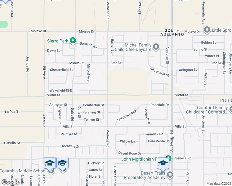 map of restaurants, bars, coffee shops, grocery stores, and more near 10955 Milano Way in Adelanto