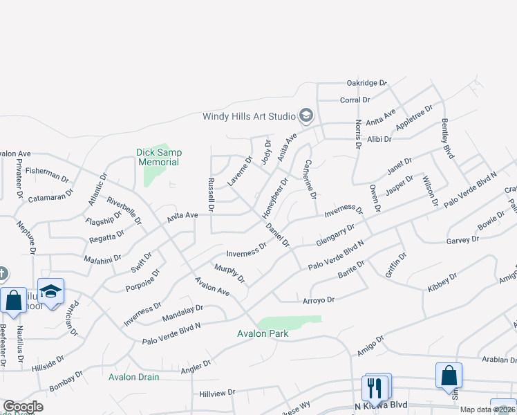 map of restaurants, bars, coffee shops, grocery stores, and more near 2606 Honeybear Drive in Lake Havasu City