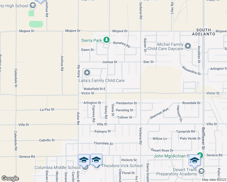 map of restaurants, bars, coffee shops, grocery stores, and more near 10725 Wakefield Street in Adelanto