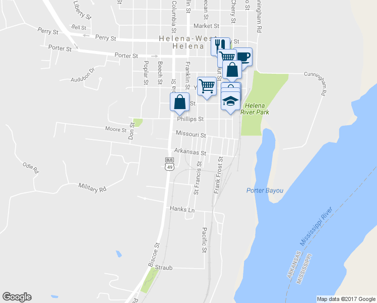 map of restaurants, bars, coffee shops, grocery stores, and more near 522 Arkansas St in Helena-West Helena