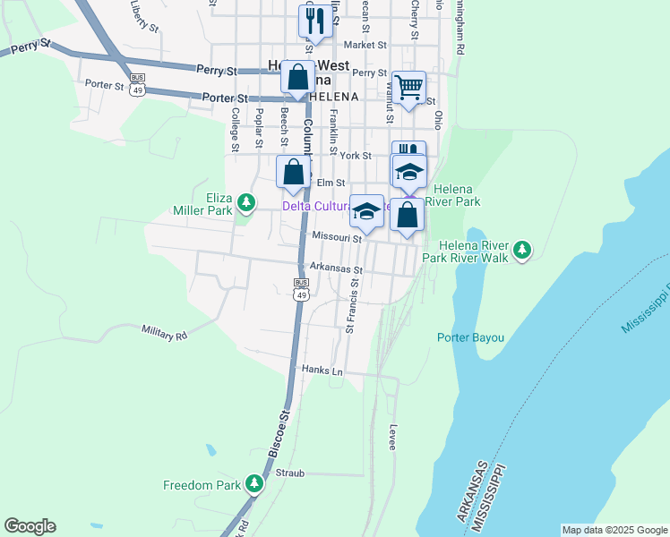 map of restaurants, bars, coffee shops, grocery stores, and more near 522 Arkansas in Helena-West Helena