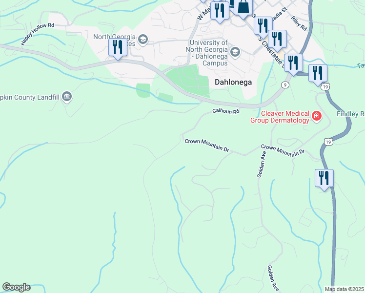 map of restaurants, bars, coffee shops, grocery stores, and more near 0 Crown Mountain Drive in Dahlonega