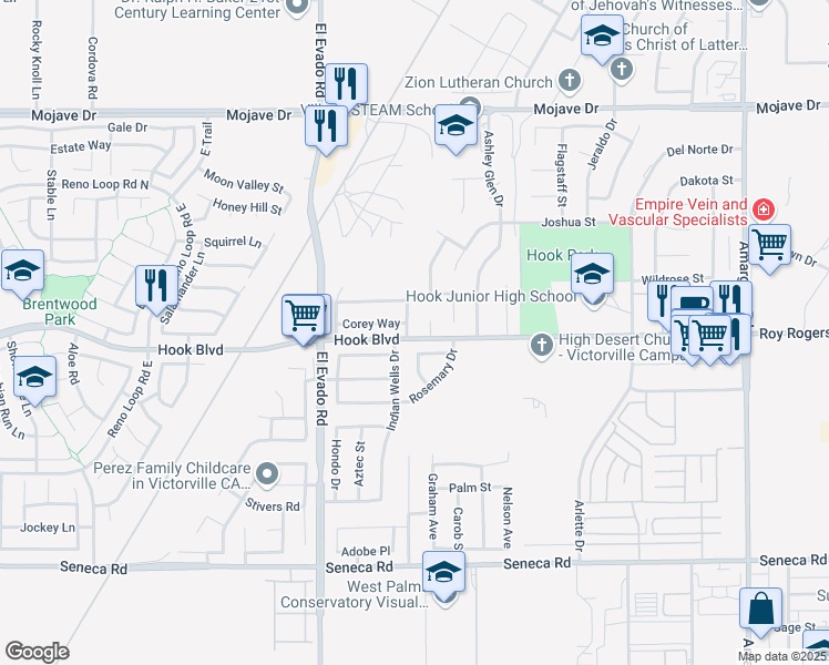 map of restaurants, bars, coffee shops, grocery stores, and more near 14913 Braemar Drive in Victorville