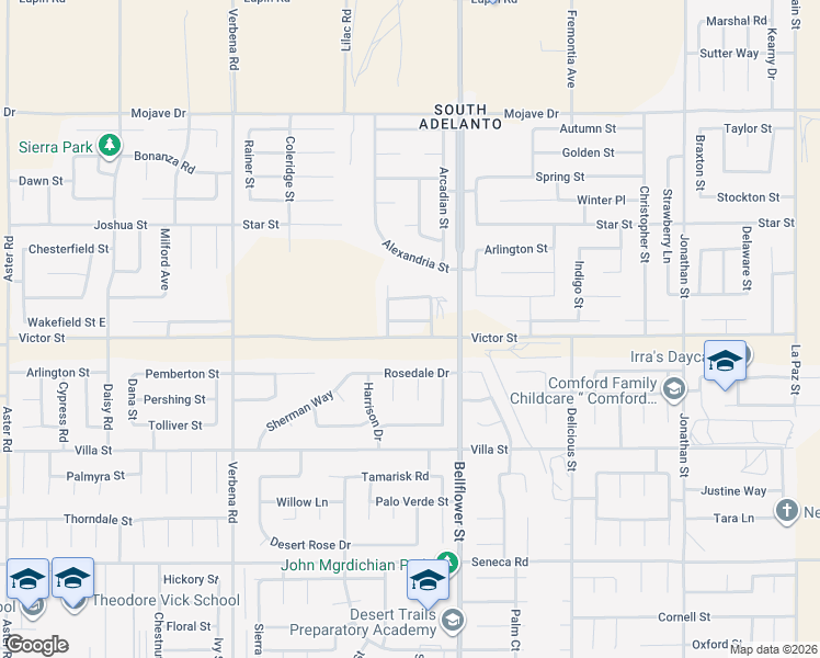 map of restaurants, bars, coffee shops, grocery stores, and more near 11211 Sofia Street in Adelanto
