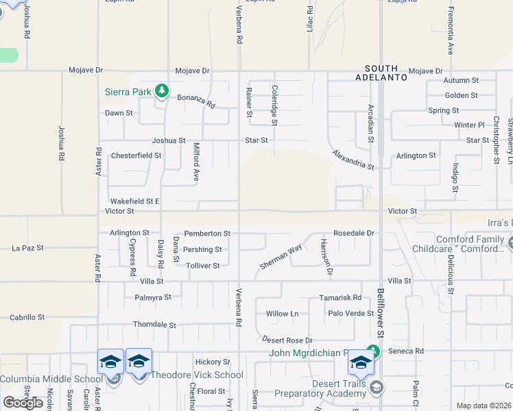 map of restaurants, bars, coffee shops, grocery stores, and more near 10955 Milano Way in Adelanto