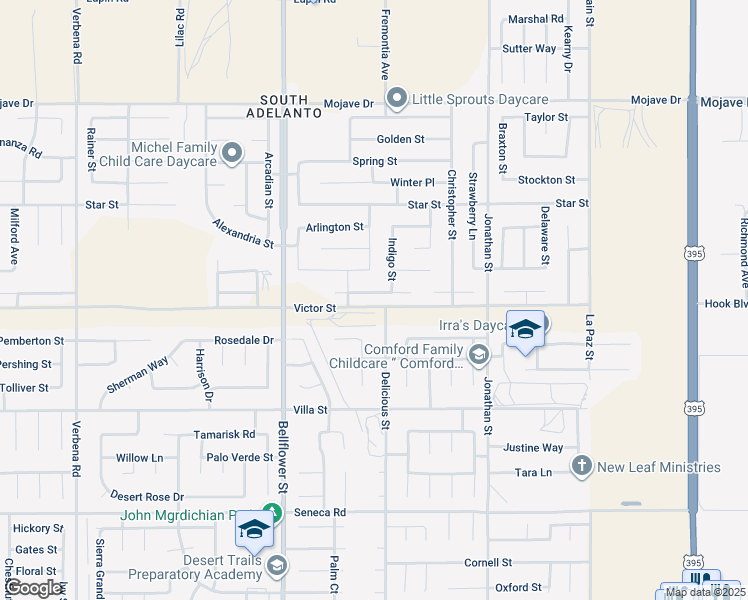 map of restaurants, bars, coffee shops, grocery stores, and more near 11483 Russet Place in Adelanto