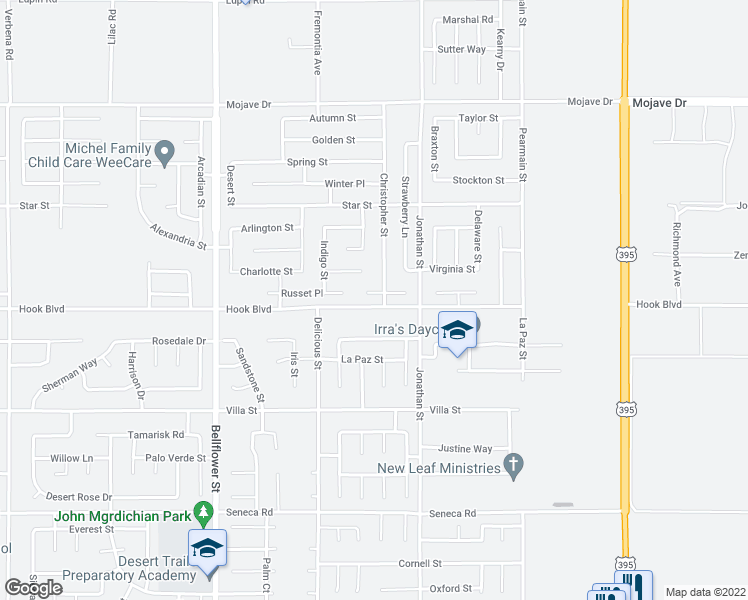 map of restaurants, bars, coffee shops, grocery stores, and more near 11611 English Court in Adelanto