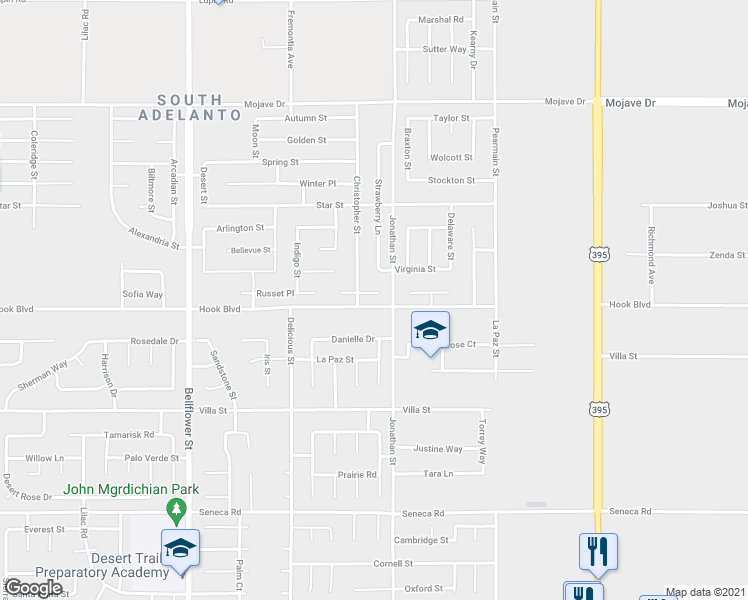 map of restaurants, bars, coffee shops, grocery stores, and more near 11665 English Court in Adelanto