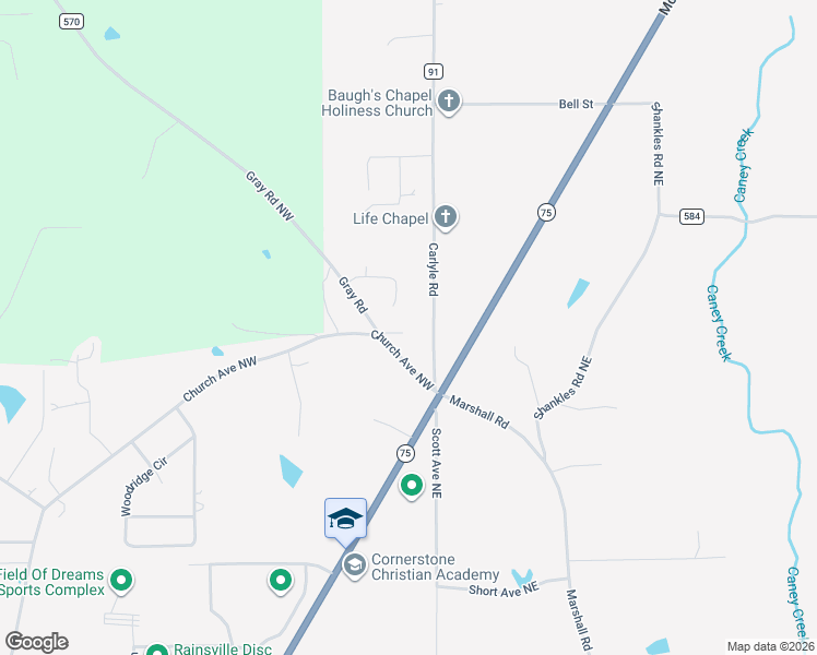 map of restaurants, bars, coffee shops, grocery stores, and more near 2427 Church Avenue Northwest in Rainsville
