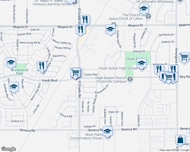 map of restaurants, bars, coffee shops, grocery stores, and more near 14619 Corey Way in Victorville