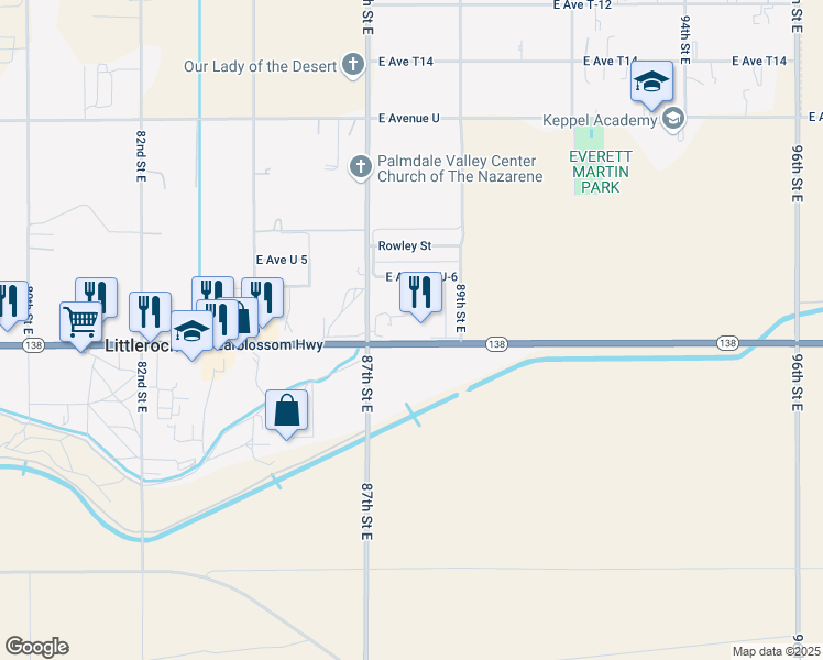 map of restaurants, bars, coffee shops, grocery stores, and more near Pearblossom Highway in Littlerock