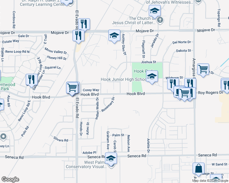 map of restaurants, bars, coffee shops, grocery stores, and more near 14911 Glasgow Court in Victorville