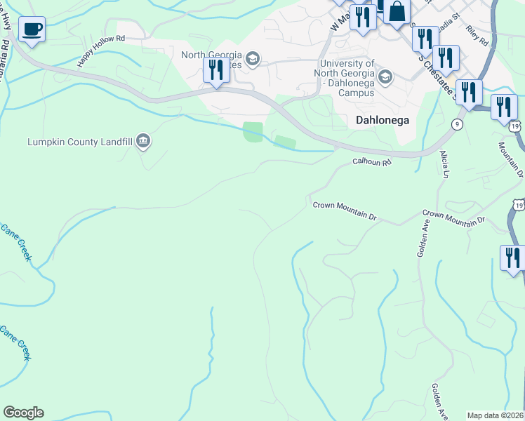 map of restaurants, bars, coffee shops, grocery stores, and more near 80 Timber Oak Lane in Dahlonega